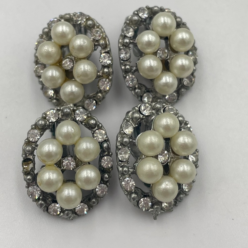 VTG Mid Century Faux Pearl Rhinestone Clip On Screw Back Earring 4 Pc Lot Set